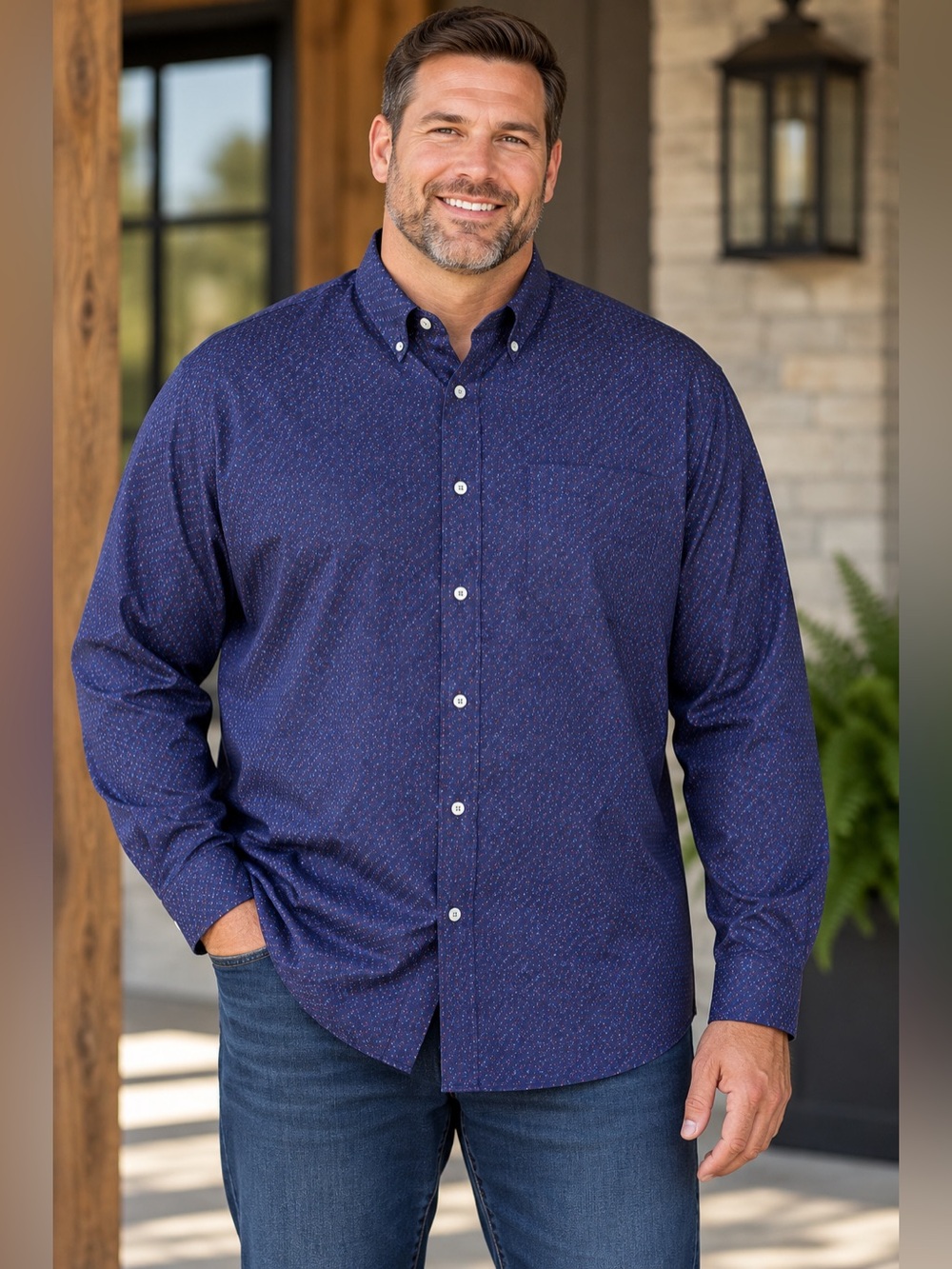 ROWM Mens 2XT Tall Shirt NWT Navy Blue Print 100% Cotton Button Down Big Tall